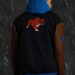 Breakbounce Navy Blue Mock Collar Longline Bomber Jacket with Embroidered image 4