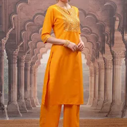 Vishudh Yellow Floral Embroidered Mirror Work Straight Kurta with Palazzo & Dupatta image 3