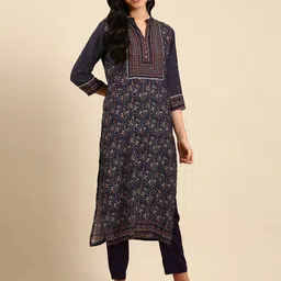 SHOWOFF Women Navy Blue Floral Printed Sequinned Kurta with Trousers & Dupatta image 5