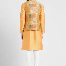 KISAH Men Orange Solid Kurta with Churidar & Nehru Jacket image 3