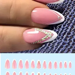 Secret Lives Set of 24 Glossy 3D Studs & Stones Tips Press On Nails - Pink & White image 2