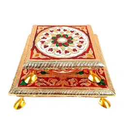 apka mart Yellow & Red 2 Pieces Wooden Bajot Minakari Puja Chowkies image 2