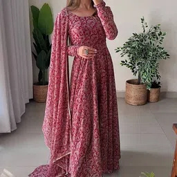 arlima Printed, Floral Print, Solid, Self Design Georgette Stitched Anarkali Gown image 2