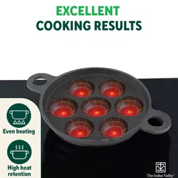 the indus valley Super Smooth Cast Iron Paniyaram Pan with Free Wooden Picker|7 Pit-7.4 inch Paniarakkal Set 0 L capacity 19 cm diameter image 5