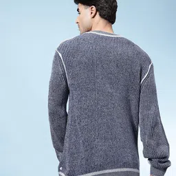 glitchez Men Solid Round Neck Blue Sweater image 4