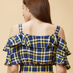 Globus Checked Off Shoulder Ruffles Cotton Bardot Crop Top image 5