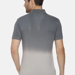 yak yak YAK Men Grey Tie and Dye Dyed Polo Collar Pure Cotton Slim Fit Pure Cotton T-shirt image 4
