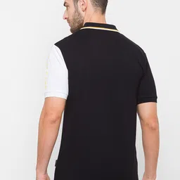 GIORDANO Men Black & White Colourblocked Polo Collar Slim Fit Cotton T-shirt image 4