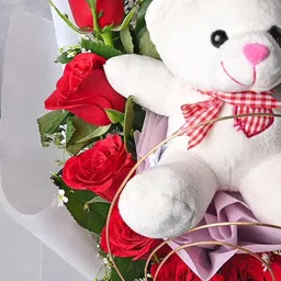 Floweraura Red 11 Pieces Fresh Live Roses With Teddy image 2