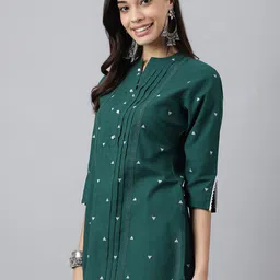 MEESAN Green & White Mandarin Collar Cotton Printed Tunic image 4