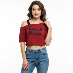 Casual Off Shoulder Sleeve Printed Women Red Top-image-27
