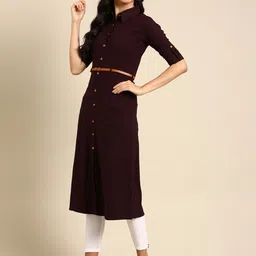 SHOWOFF Women Violet Solid Belted Detail A- Line Cotton Kurta image 2