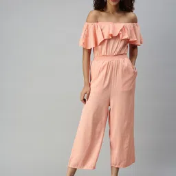 SHOWOFF Women Peach-Coloured Solid Off-Shoulder Ruffles Cotton Basic Jumpsuit image 4