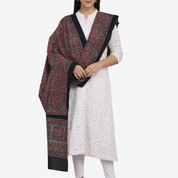 THE WEAVE TRAVELLER Black & Maroon Ajrakh Hand Block Printed Pure Cotton Dupatta image 2
