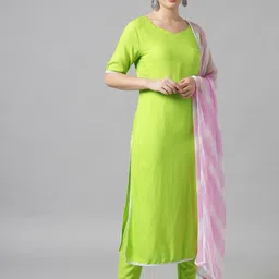 Meeranshi Women Fluorescent Green Solid Pure Cotton Kurta with Churidar & With Dupatta image 5