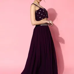 Sangria Purple Embroidered Shoulder Straps Choli Skirt With Shrug image 2