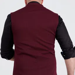 MR BUTTON Men Burgundy Solid Woven Nehru Jacket image 2