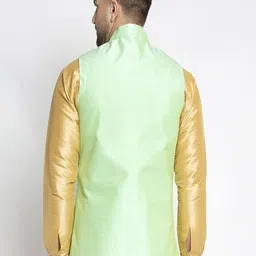 Kaifoo Men Green Solid Silk Nehru Jackets image 5