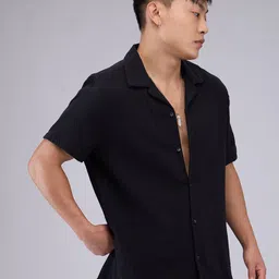 VASTRADO Men Classic Cuban Collar Textured Cotton Relaxed Fit Casual Shirt image 4