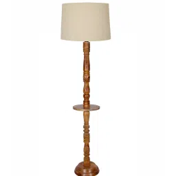homesake Rustic Wood Floor Lamp, Walnut Brown with Multicolor Fabric Shade, Tray End Table, Off-White image 3