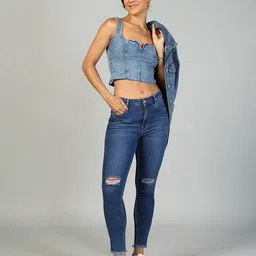 Shein Stone Wash Frayed Hem Knee Slit Skinny Fit Jeans image 4