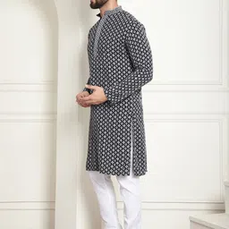 SOJANYA Geometric Embroidered Mandarin Collar Thread Work Pure Cotton Kurta with Churidar image 4