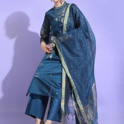 Vishudh Women Teal Ethnic Motifs Chanderi Cotton Kurta with Trousers & With Dupatta image 1