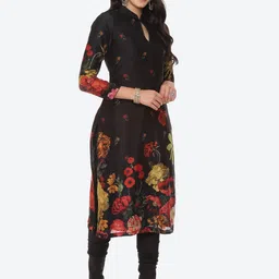 Biba by Rohit Bal by Rohit Bal Women Black Printed Chanderi Silk Kurta with ChuridarWith Dupatta image 4