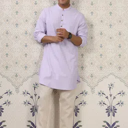 Ode by House of Pataudi Lavender & Beige Band Collar Straight Kurta with Pyjamas image 4