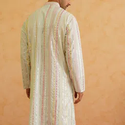 SOJANYA LUXE Striped Embroidered Mandarin Collar Straight Kurta with Pyjamas image 4