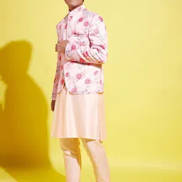 VASTRAMAY Boys Cream & Pink Solid Straight Kurta with Churidar & With Printed Jacket image 4