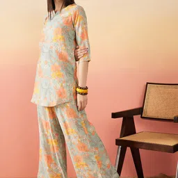 Sangria Floral Printed Tie Up Neck Ethnic Top With Palazzos image 4