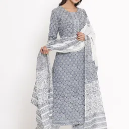 kipek Women Blue Ethnic Motifs Printed Pure Cotton Kurta with Palazzos & With Dupatta image 4