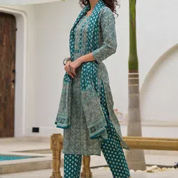 Yufta Ethnic Motifs Printed Pure Cotton Straight Kurta with Trouser & Dupatta image 4