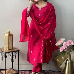 KALINI Ethnic Motifs Embroidered Thread Work Detail Straight Kurta & Trousers With Dupatta image 4