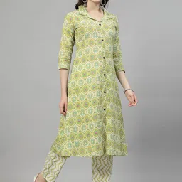 NEW STYLISH Ethnic Motifs Printed Shirt Collar Pure Cotton A Line Kurta with Trousers image 3