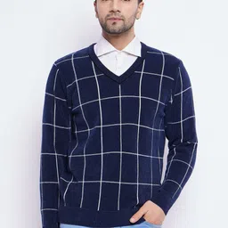 Men Checkered V Neck Blue Sweater-image-33