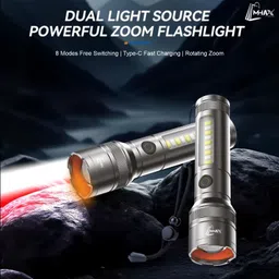 mhax Rechargeable Torch with 8 Lighting Modes,Laser Indicator,and Side Light Function 6 hrs Torch Emergency Light image 2