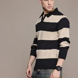 roadster Men Striped Collared Neck Beige Sweater image 3