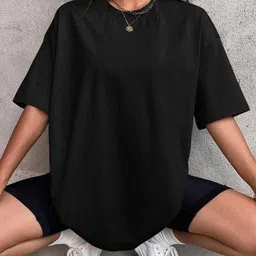 calm down Women Solid Round Neck Cotton Blend Black T-Shirt-picture-15