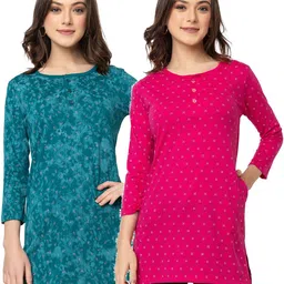 star touch Pack of 2 Women Printed Round Neck Cotton Blend Red, Green T-Shirt-picture-41