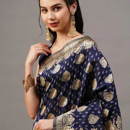 Mitera Navy Blue & Gold Ethnic Motifs Zari Silk Blend Banarasi Saree image 4