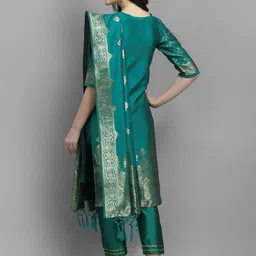 VredeVogel Women Turquoise Blue Printed Kurta with Trousers & With Dupatta image 4