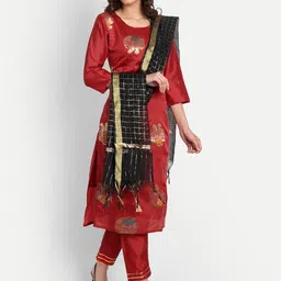 VredeVogel Women Maroon Floral Striped Kurti with Trousers & Dupatta image 3