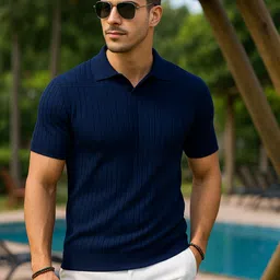 veirdo Men Self Design Polo Neck Polycotton Navy Blue T-Shirt-picture-26