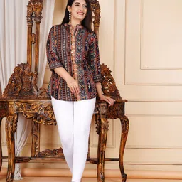 gudwear Party Roll Up Sleeves Printed Women Blue Top image 5