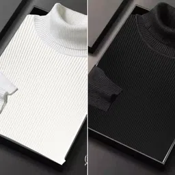 pachirisu Men Solid High Neck White, Black Sweater-picture-15