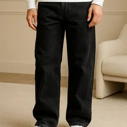 glossy Men Straight Fit Mid Rise Black Jeans image 1