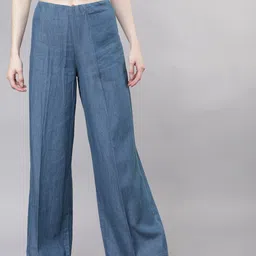 Women Regular Fit Blue Cotton Blend Trousers-image-41