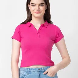 spykar Women Typography Polo Neck Cotton Blend Pink T-Shirt-picture-11